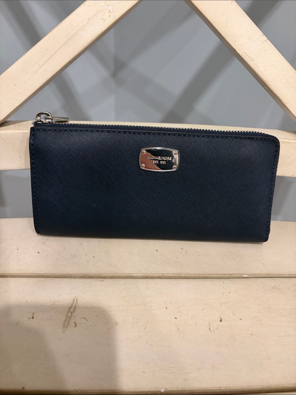 Michael Kors Navy Saffiano Zip Wallet with Metal Logo Plaque